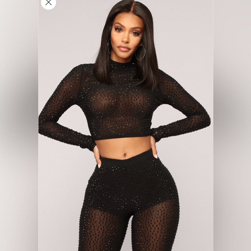 Fashion Nova Lead Example Rhinestone Crop Top Pants Set - Picture 7 of 11
